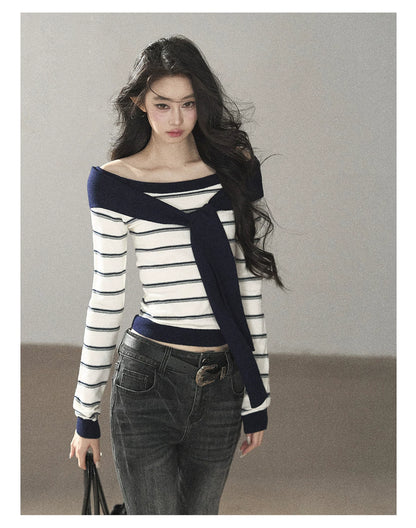 AOMALM - Ivory Stripe Faux-Layered Knit Top with Shoulder Ties