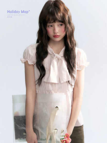 "Rosy Whisper" Dusty Pink Bow Embroidered Puff Sleeve Blouse