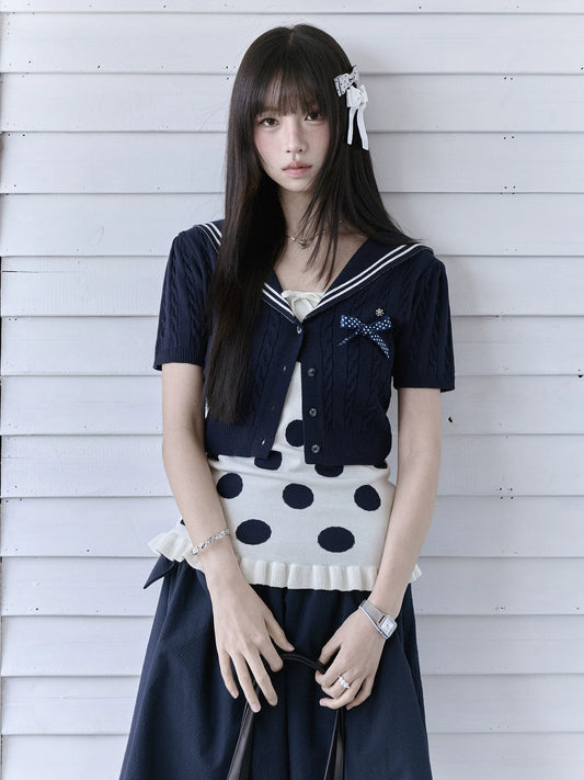 "Starry Miu" Sailor Knit & Polka Dot Collection (Navy Cardigan / Ivory Cami / Blue Pleated Skirt)