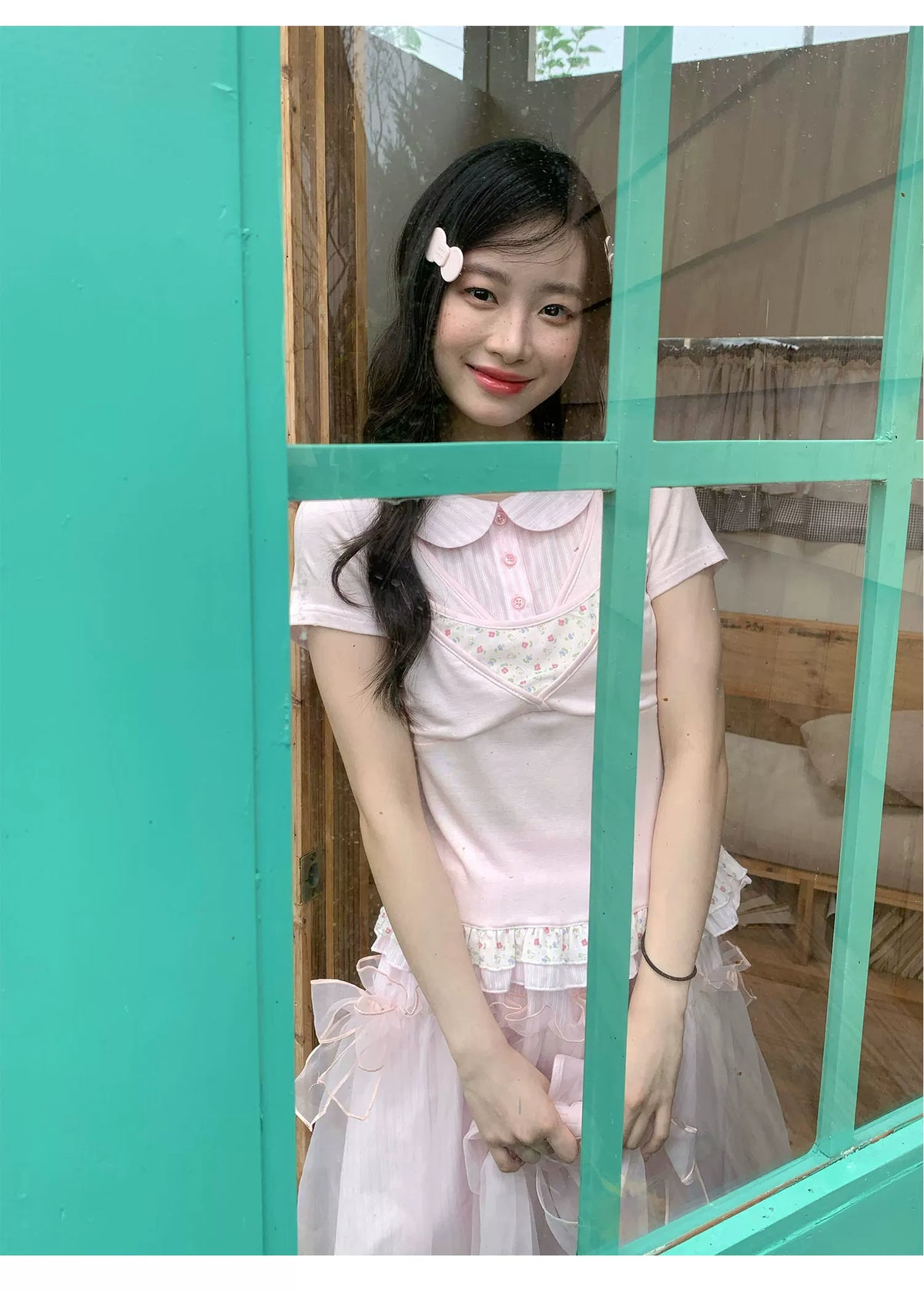 [RF] “Peach Petal Reverie” Peach Pink Doll Collar Top & Tulle Skirt Set