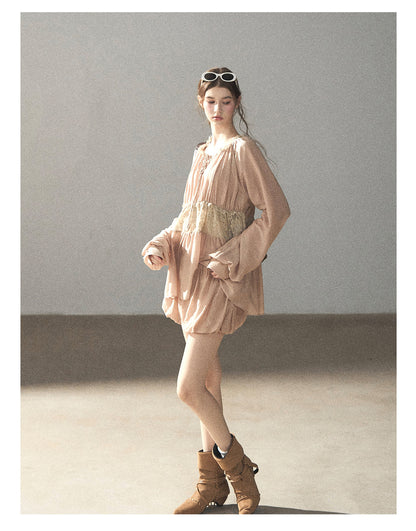 170726 "Ripples of Autumn" Milk Tea Lace Blouse & Bubble Shorts Set