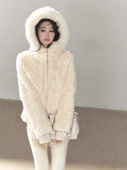 AOMALM - Cloud White Rabbit Fur Cropped Coat