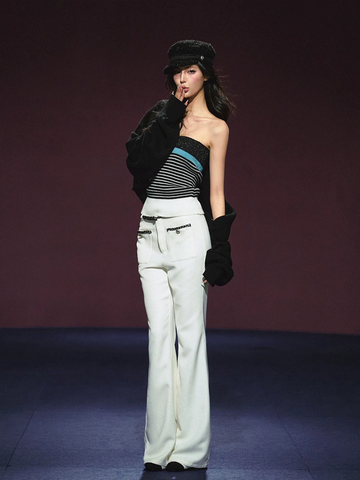 Ivory Contrast Belt Shimmer Knit Flared Pants