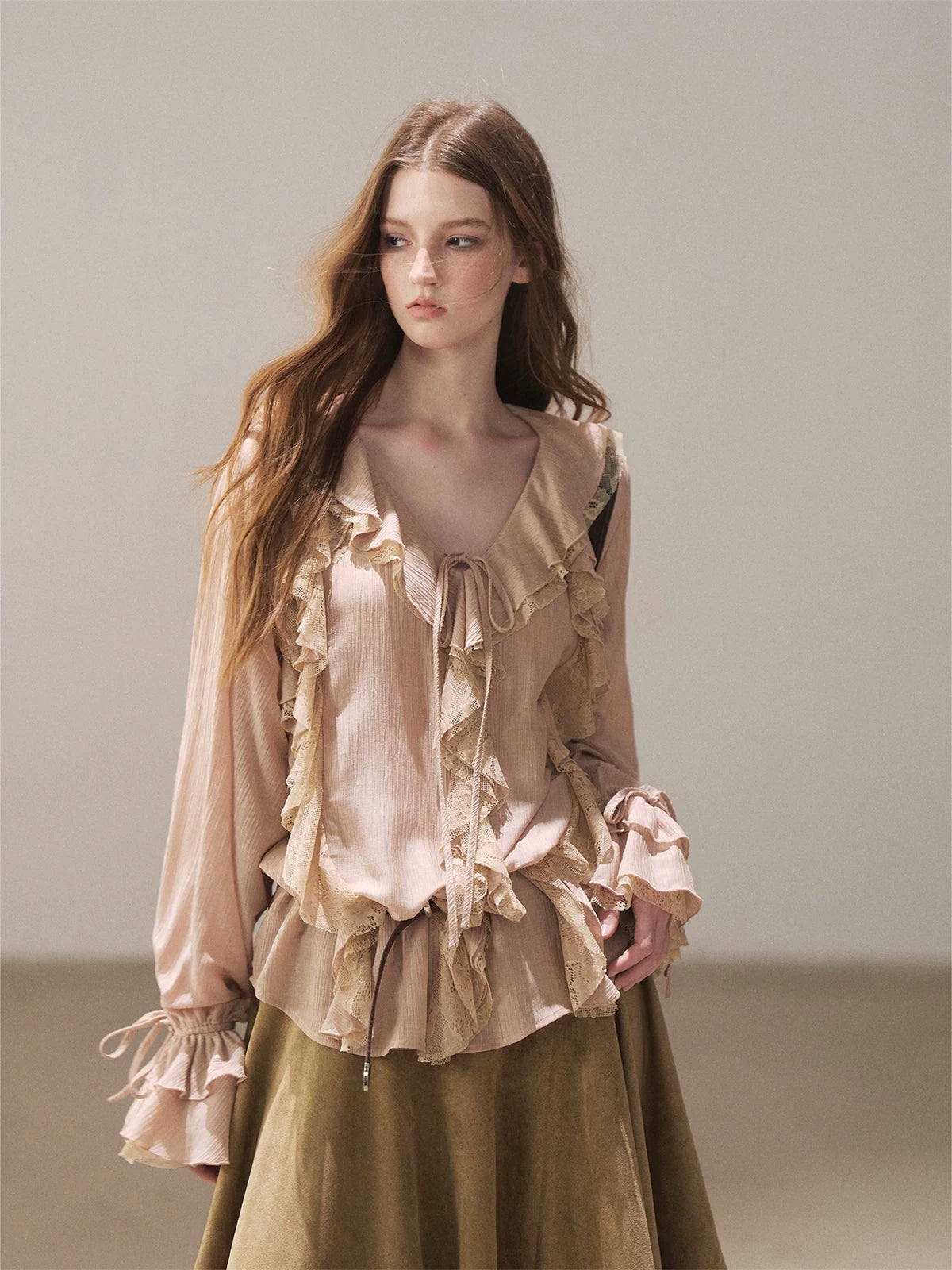 AOMALM - "A Featherlight Touch" French Camellia White Lace Chiffon Top with Belt (Camellia / Oatmeal / Cinnamon Pink)