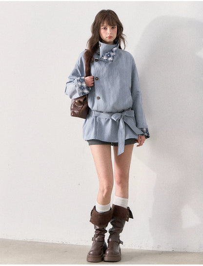 [TMMG] French Stand Collar Reversible Plaid Waist-Cinched Trench Coat (Morning Mist Blue)