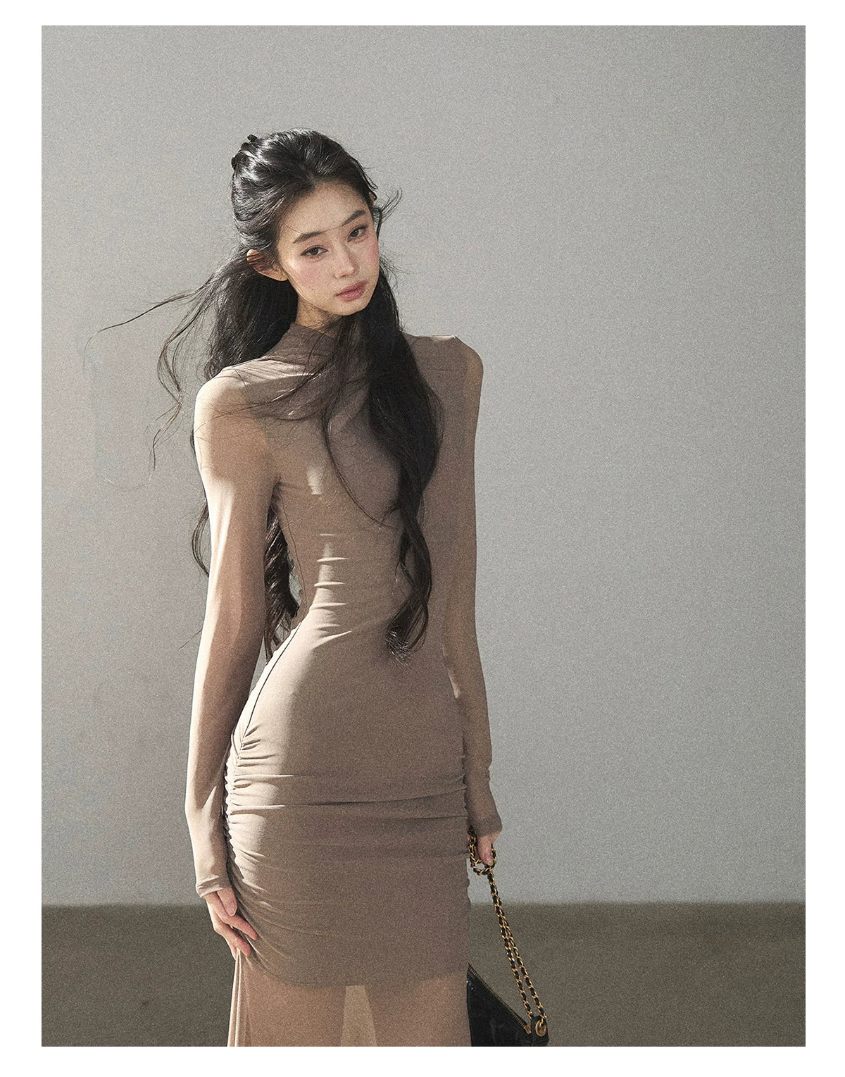 AOMALM - Milk Tea Ruched Mesh Mermaid Maxi Dress