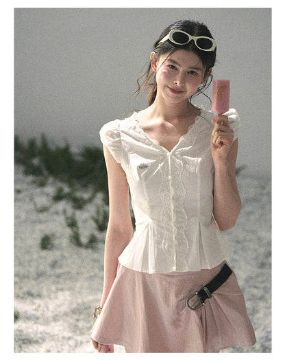 “Untouched Ivory” Pure White Lace Puff Sleeve Blouse