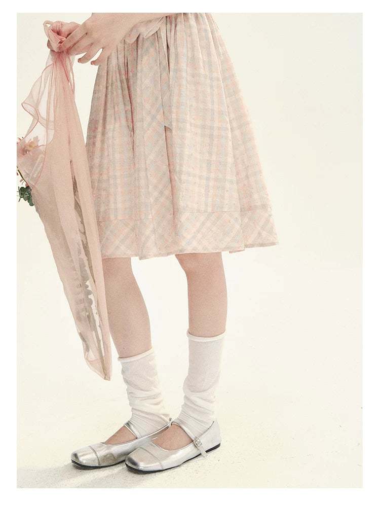"Showa Girl" Vintage Plaid Floral Print Peter Pan Collar Bow Waist-Defined A-Line Dress