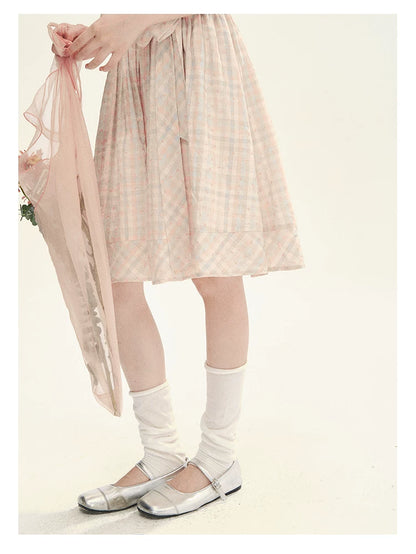 "Showa Girl" Vintage Plaid Floral Print Peter Pan Collar Bow Waist-Defined A-Line Dress