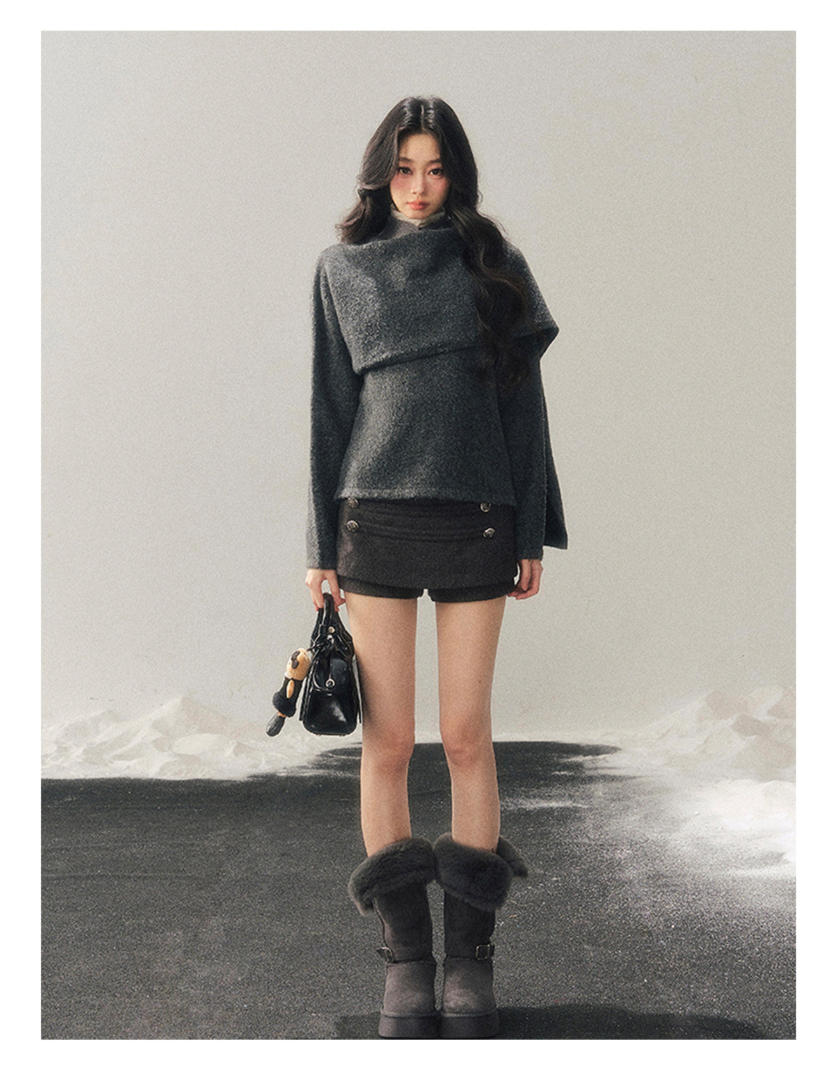 少也眼 "When Clarity Falls" Dusk Gray Layered Shawl Knit Sweater
