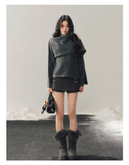 少也眼 "When Clarity Falls" Dusk Gray Layered Shawl Knit Sweater