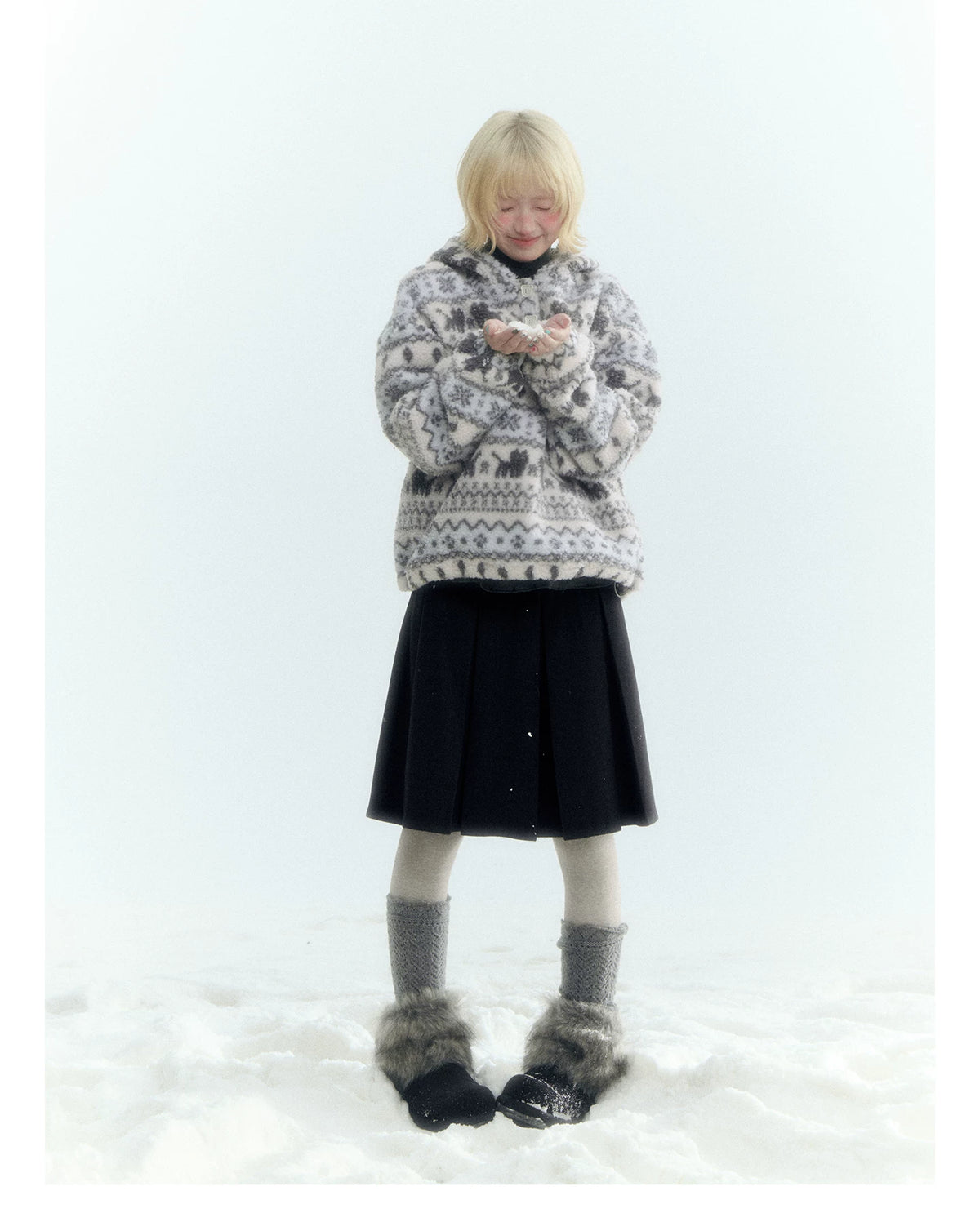 Horridale - Pink Fair Isle Cat Sherpa Fleece Hoodie with Bunny Ears