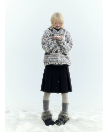 Horridale - Pink Fair Isle Cat Sherpa Fleece Hoodie with Bunny Ears
