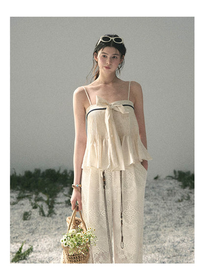 “Breeze Over Pleats” Cream Ribbon Camisole Top