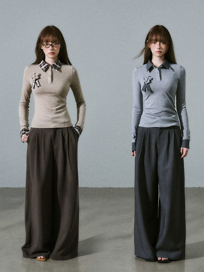 LOST FOREST - Low-Rise Triple-Pleat Wide-Leg Trousers (Black / Red Brown / Gray)