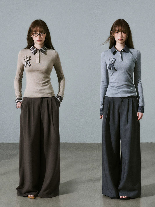 LOST FOREST - Low-Rise Triple-Pleat Wide-Leg Trousers (Black / Red Brown / Gray)