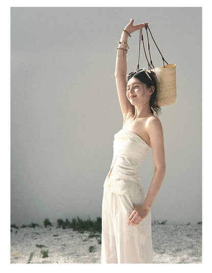 “Breath Across the Shoulders” Natural Beige Layered Bustier Top & Wide-Leg Trousers