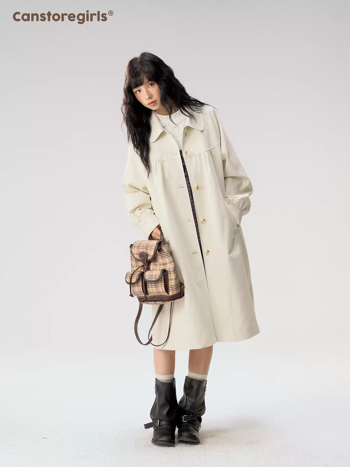 [CAN] “Oat Check Collar” Apricot Bow Cape Collar Trench Coat