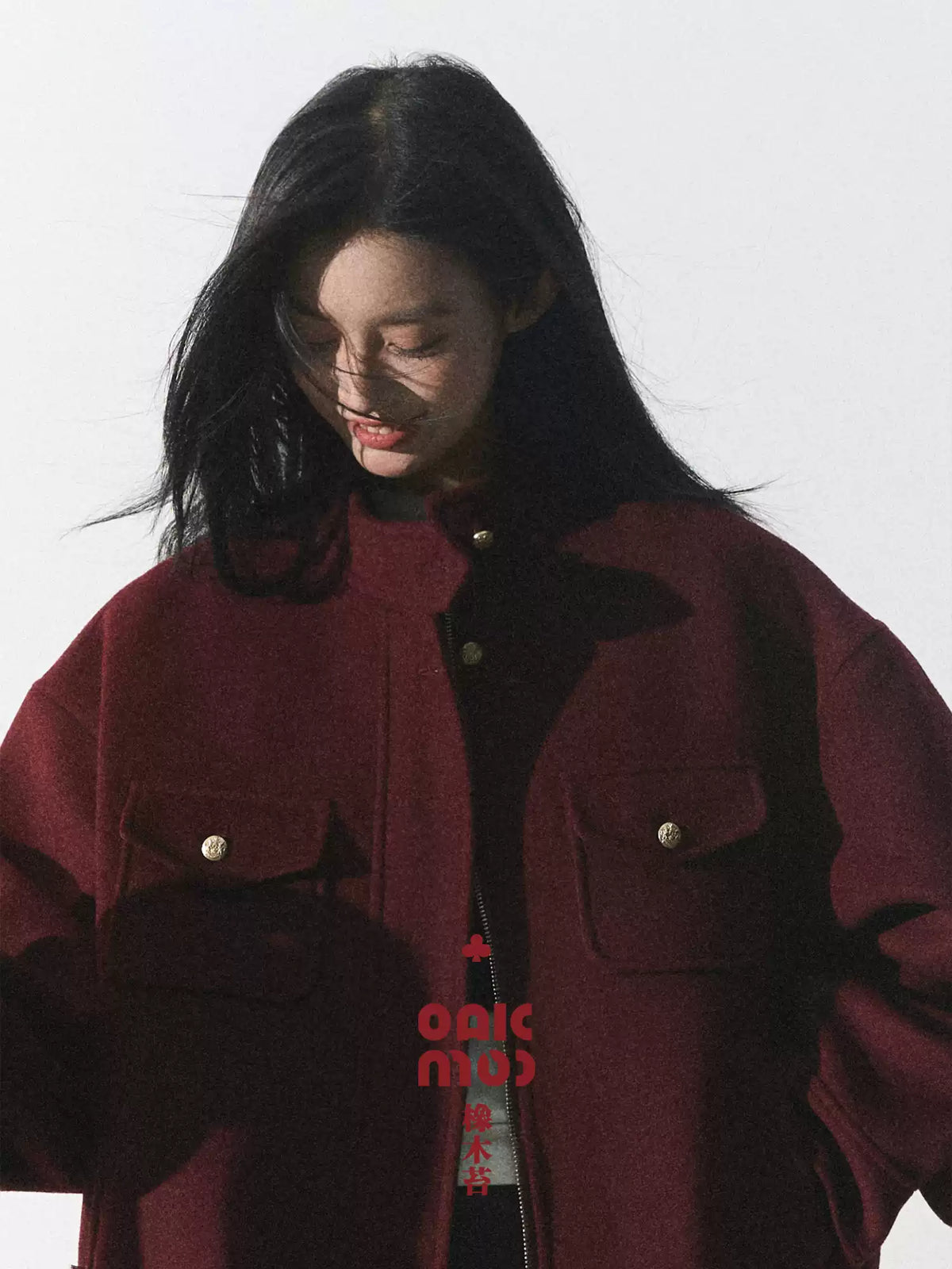 OAKMOO/ "Plum Blossom Mood" Angora Red Wool-Blend Harrington Jacket