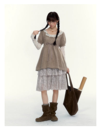 “Everyday Mist” Jacquard Lace Layering Top ( Ivory / Fog Gray )