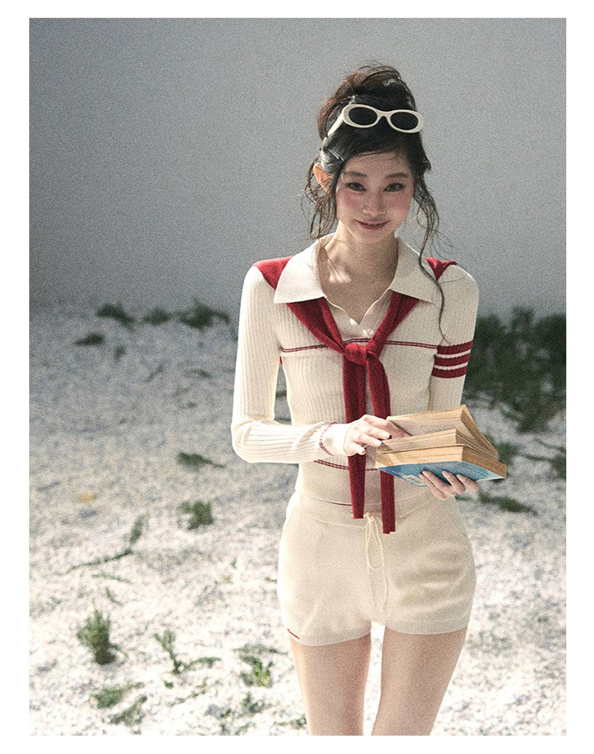 “Delhi Academy” Ivory Polo Knit Set with Angora Red Scarf
