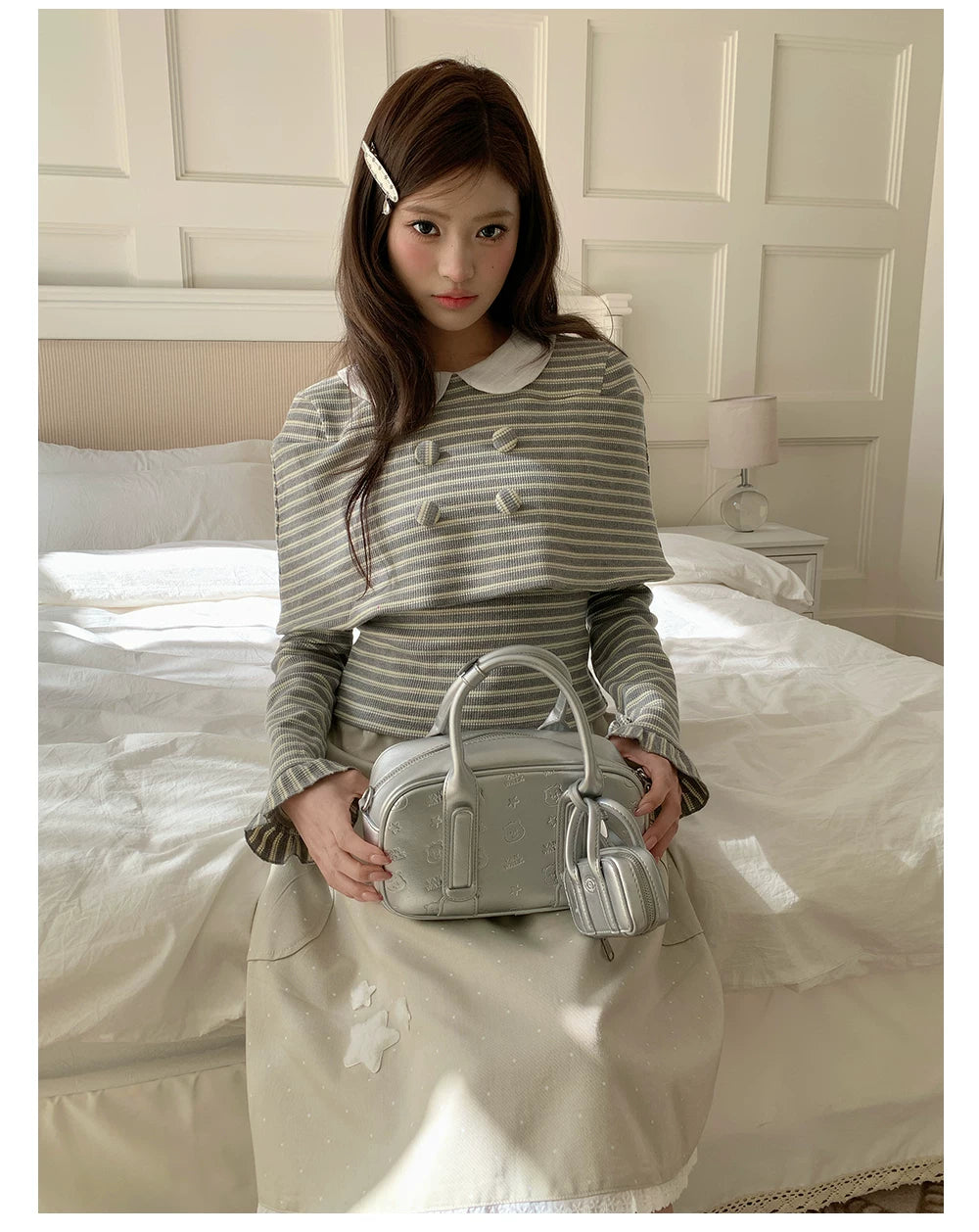 “Misty Sonata” Grey Layered Stripe Knit Top