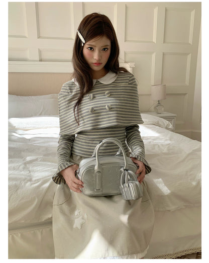 “Misty Sonata” Grey Layered Stripe Knit Top