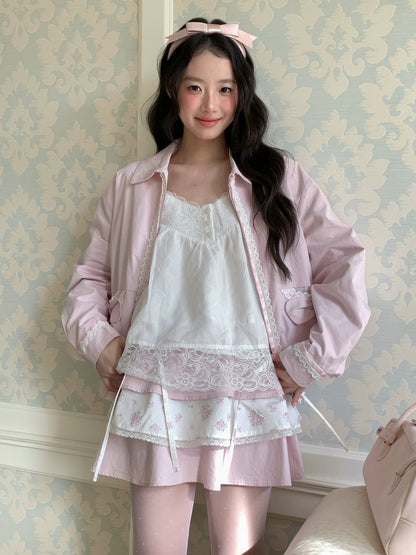 [RF] “Blush Meadow” White & Pink Floral Reversible Jacket and Mini Skirt Set