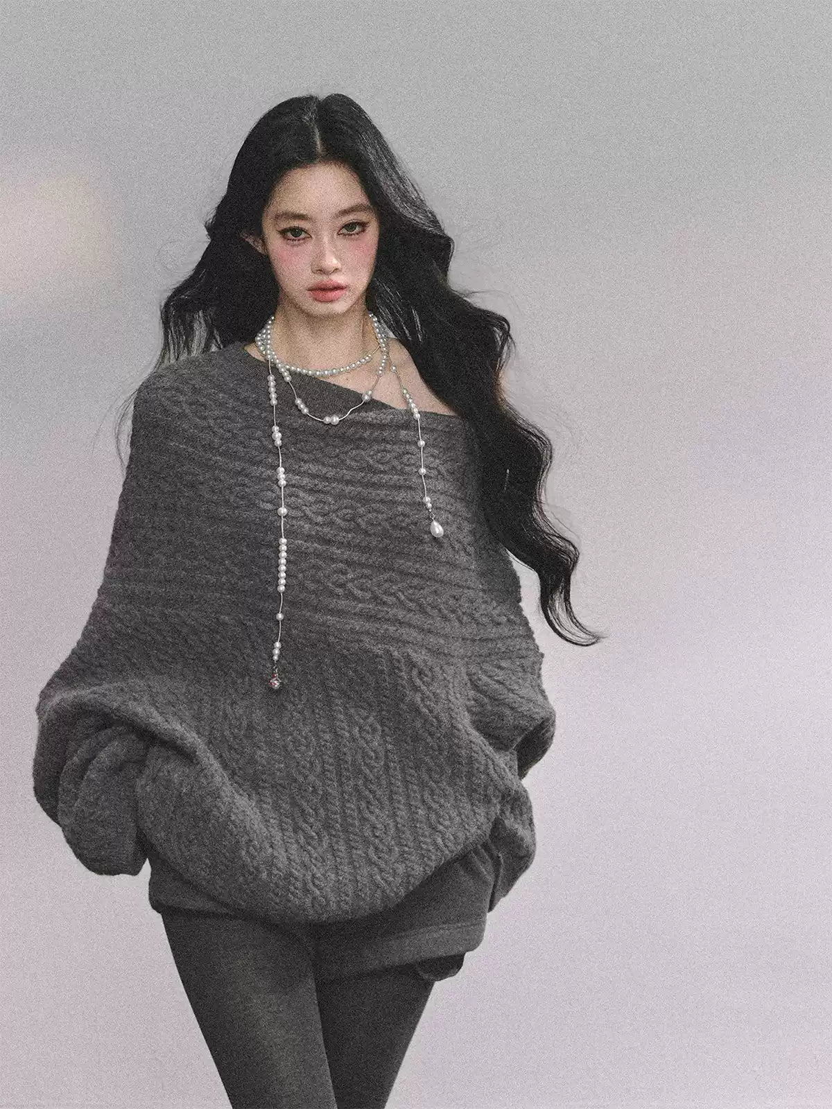少也眼 Korean-Style Loose Fit Cable Knit Sweater