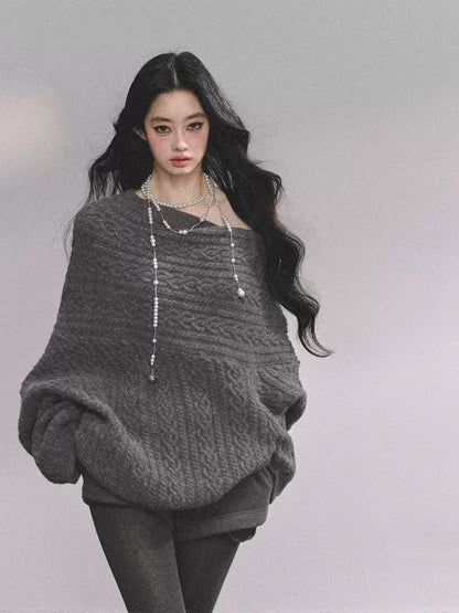 少也眼 Korean-Style Loose Fit Cable Knit Sweater