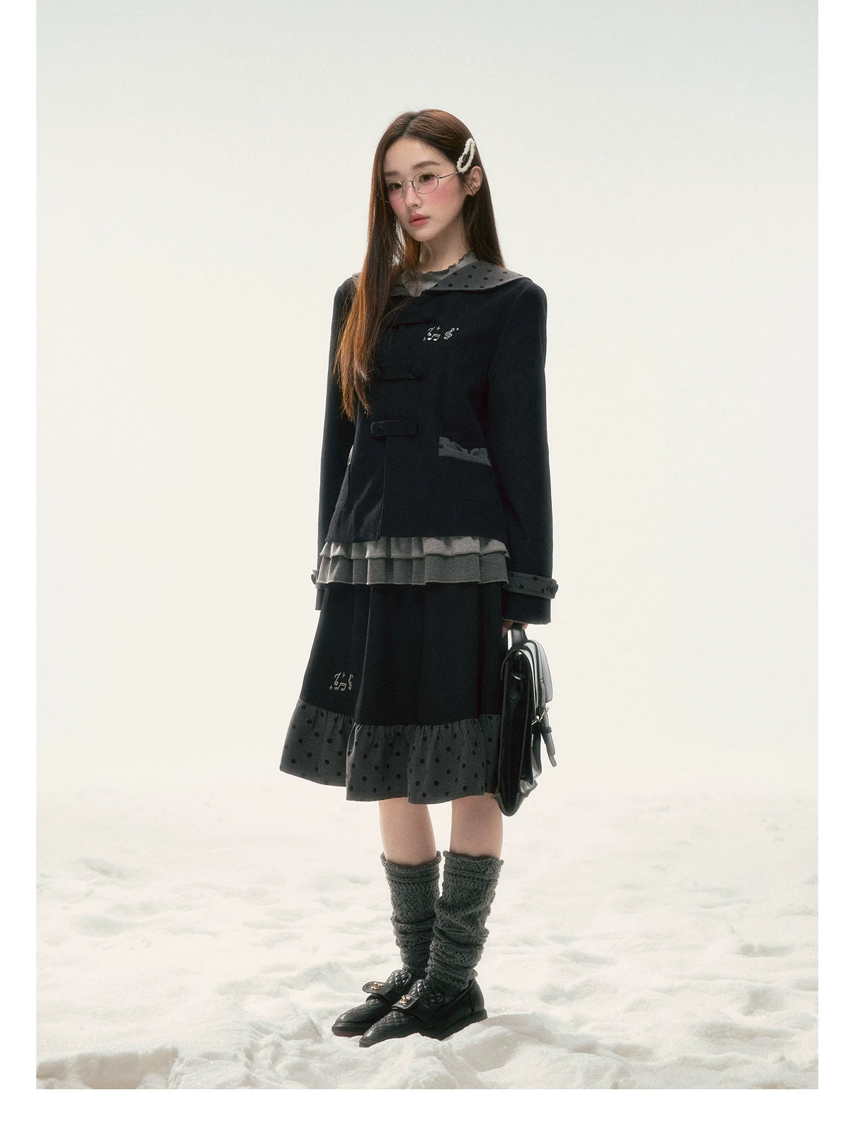 BIBIBENCY - Black Preppy Double-Breasted Cropped Jacket & Skirt