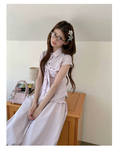 [RF] “Milk Taro Fizz” Soft Purple Striped Blouse & Bloom Skirt Set (Light Blue / Lavender)