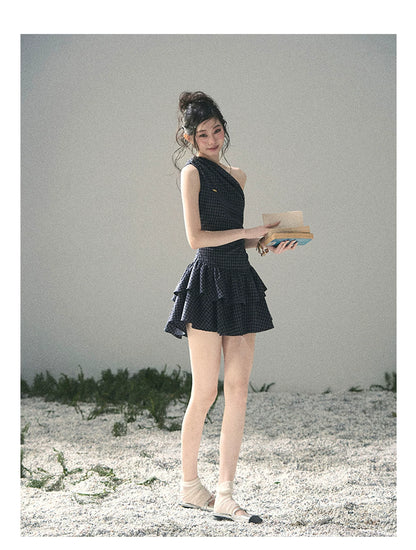 "Moonlit Bellflower Reverie" Navy Plaid One-Shoulder Mini Dress 567474