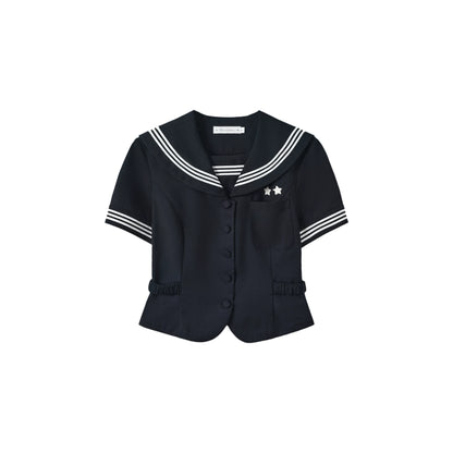 "Evening Star" Navy Sailor Uniform Collection (Sailor Blouse with Scarf / Pleated Midi Skirt)