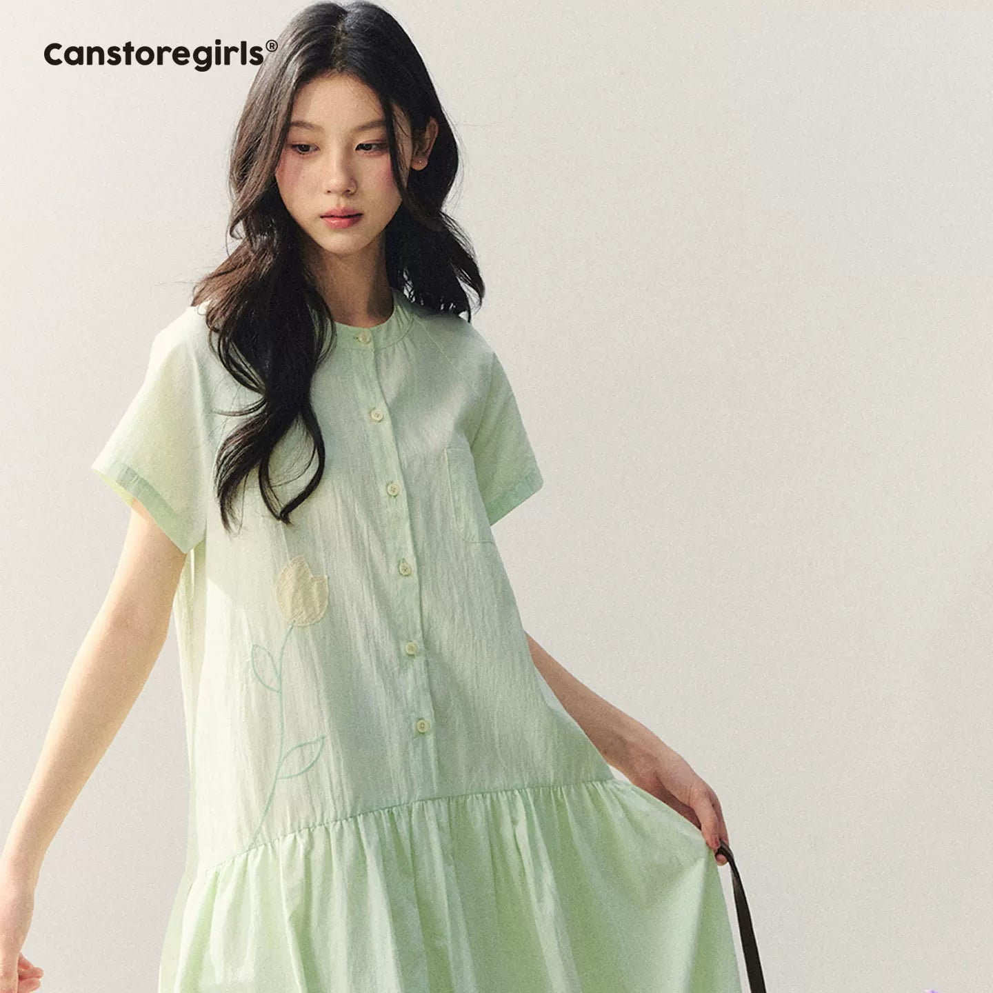"Tulip Spring Letter" Bubble Hem Shirt Dress SJ2026030