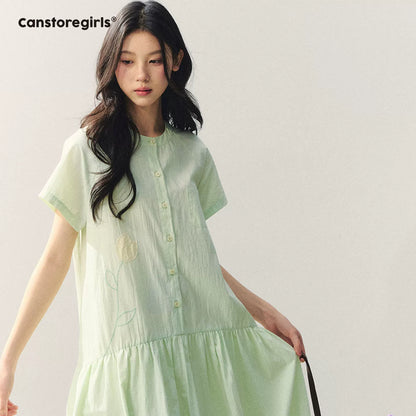 "Tulip Spring Letter" Bubble Hem Shirt Dress SJ2026030