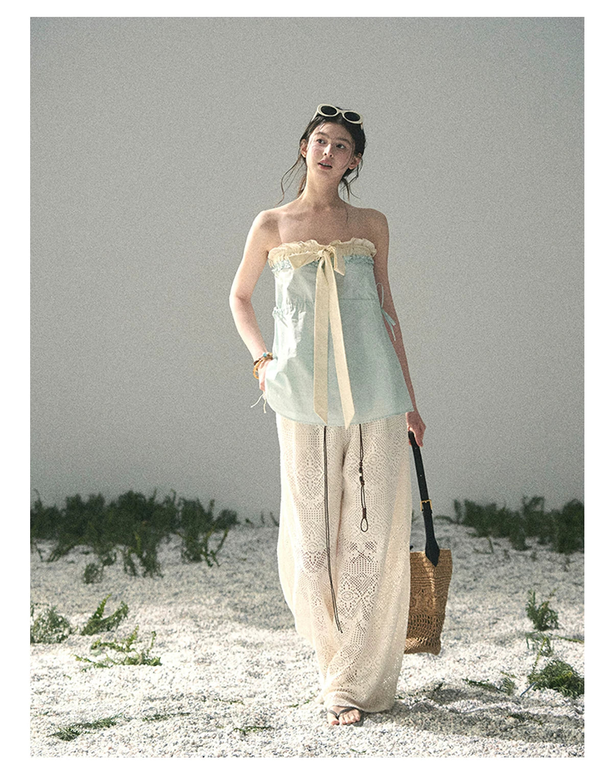 “Blue Whispers on Ivory” Mint Ruffle Bustier Top