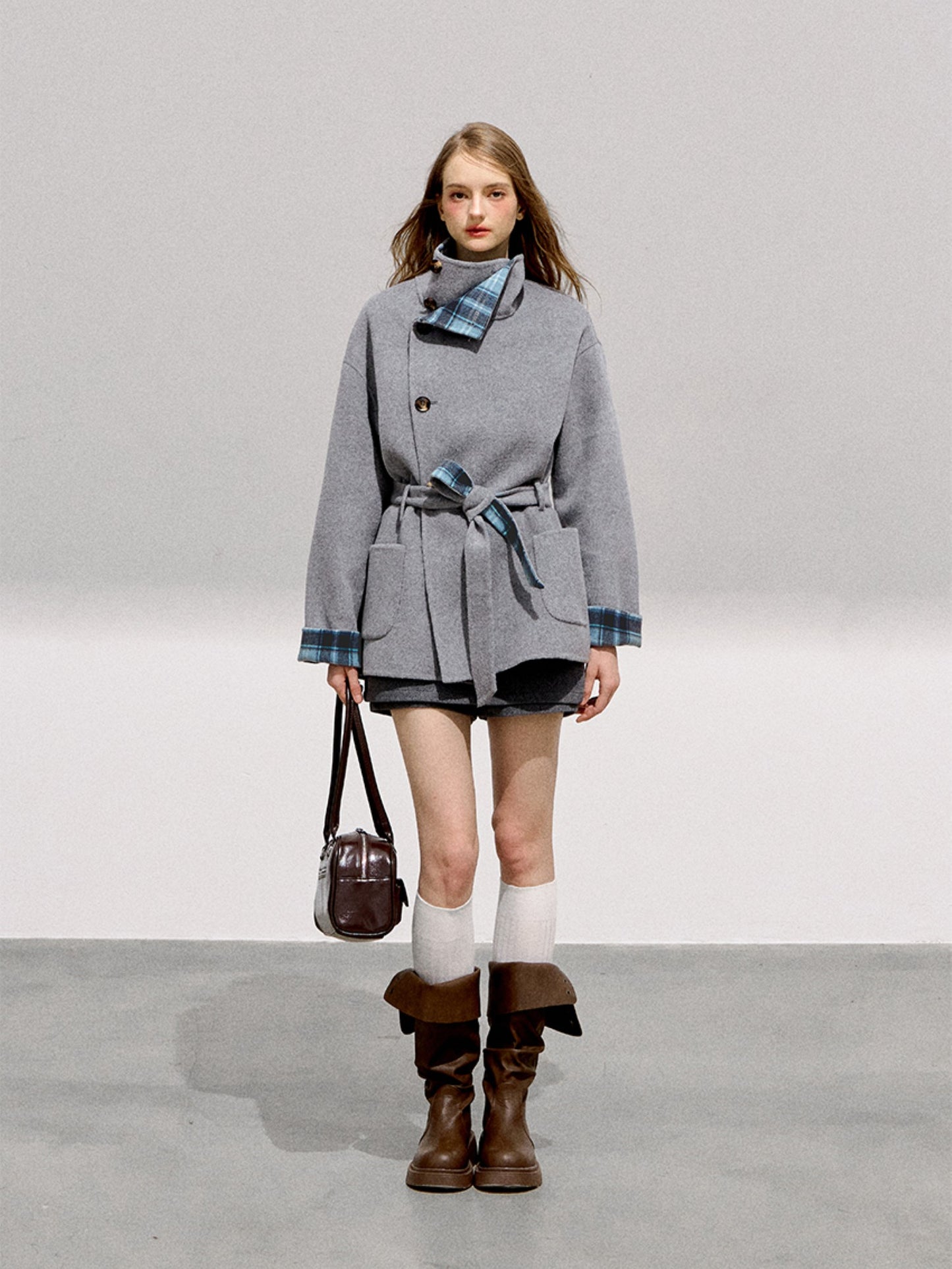 BOHOL BLING - Reversible Plaid Wool Coat – Vintage Contrast Short Wool Jacket