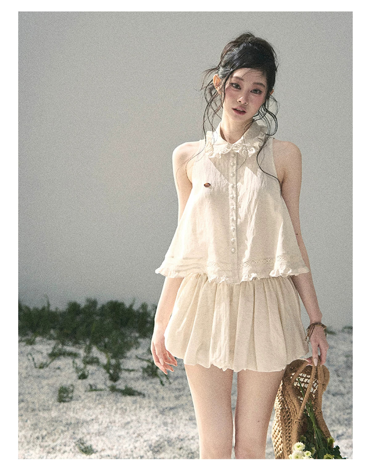 "Soft Cloud Reverie" Dutch Cream Lace Top & Bubble Skirt & Wide-Leg Pants Set 5468465