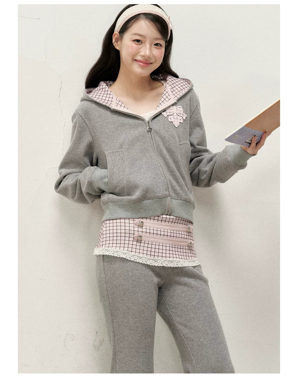 [RF] Soft Gingham Color-Block Hoodie and Flare Pants Set (Blue / Mauve)