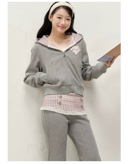 [RF] Soft Gingham Color-Block Hoodie and Flare Pants Set (Blue / Mauve)