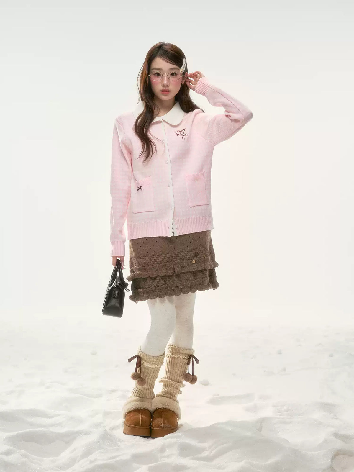 BIBIBENCY - Pink Plaid Bow Knit Sweater