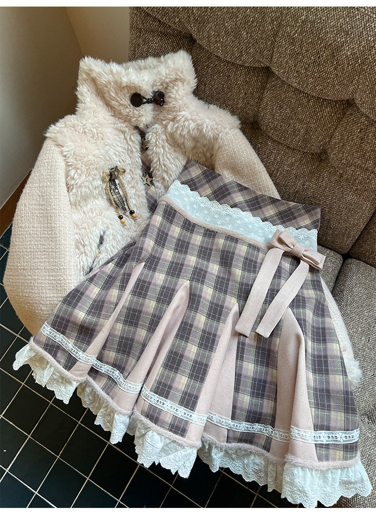 阮阮自制 - Love String Pink Plaid Wool Jacket & Mini Skirt Set