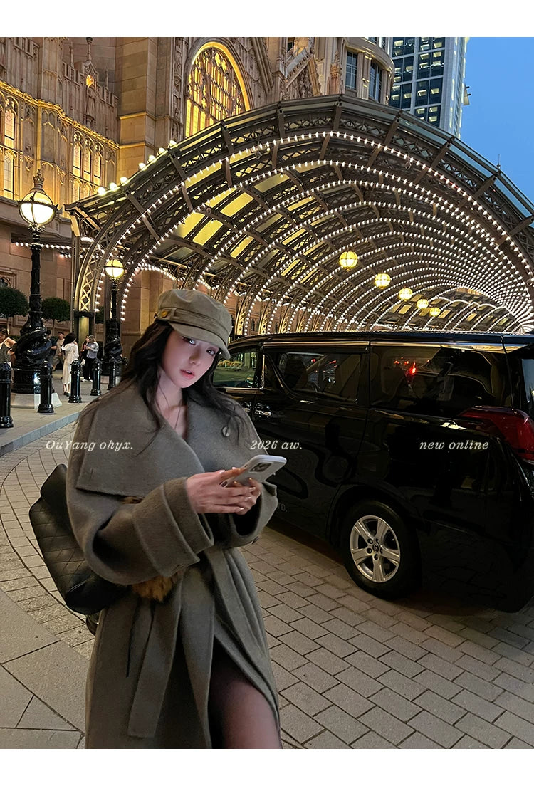 QuQuOuYang - 100% Wool Double-Face Belted Coat with Convertible Collar