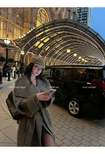 QuQuOuYang - 100% Wool Double-Face Belted Coat with Convertible Collar