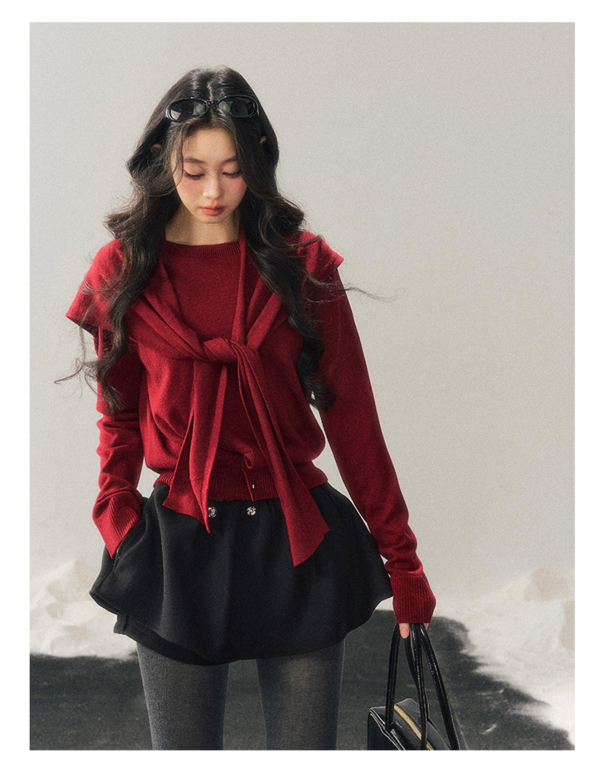 040126 "Orlane Academy" American Preppy Knit Top & Shawl Set - Angora Red