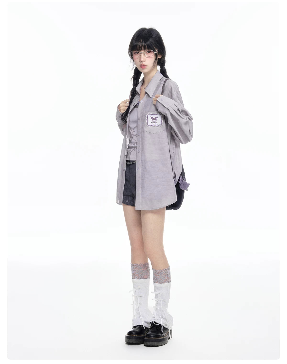170726K "Campus Icons" Gray Purple Relaxed Polo Overshirt (Kuromi / My Melody / Cinnamoroll)
