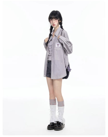 170726K "Campus Icons" Gray Purple Relaxed Polo Overshirt (Kuromi / My Melody / Cinnamoroll)