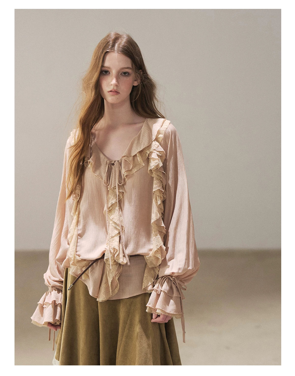 AOMALM - "A Featherlight Touch" French Camellia White Lace Chiffon Top with Belt (Camellia / Oatmeal / Cinnamon Pink)