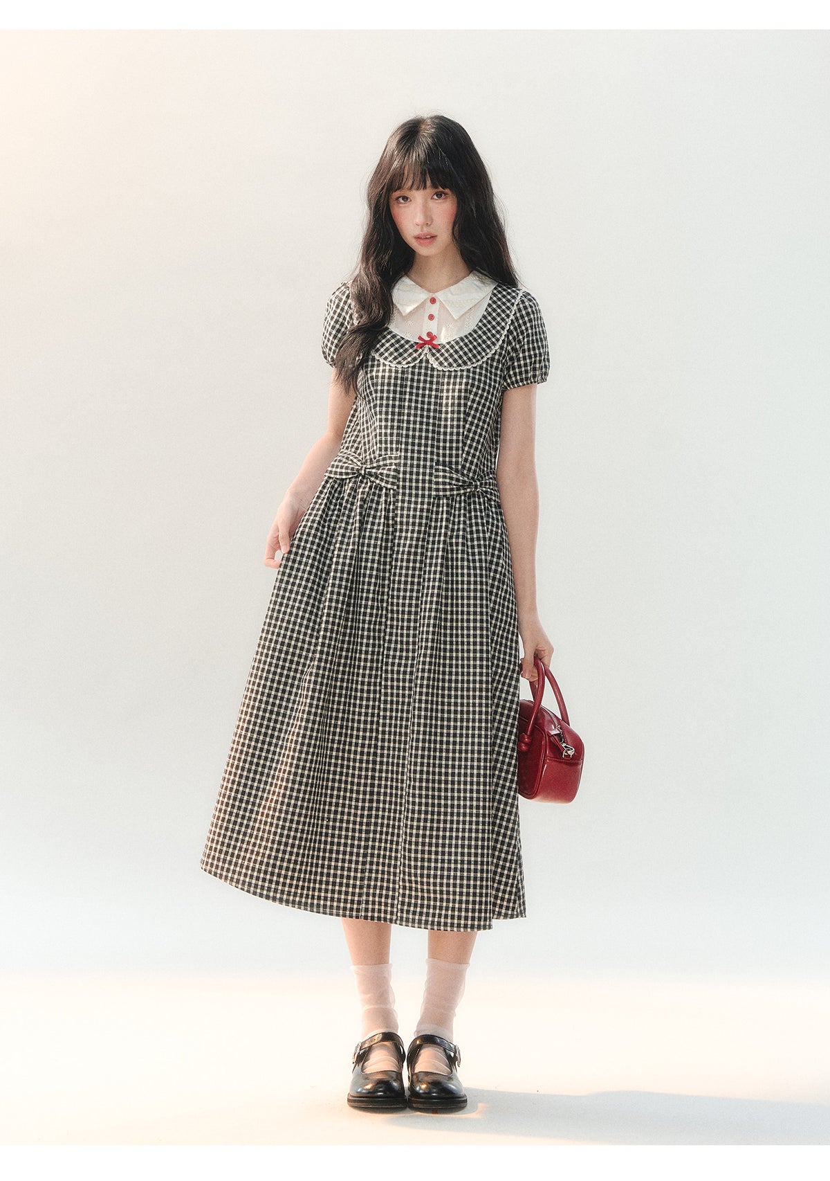 [CAN] "Black Cherry Check" Black Bow Doll Collar Dress